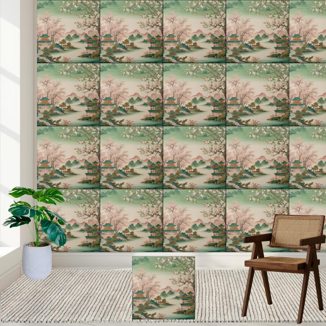 Asian Inspired Scenic Landscape Chinoiserie Garden Ceramic Tile (Asian Inspired Scenic Landscape Chinoiserie Garden Ceramic Tile)