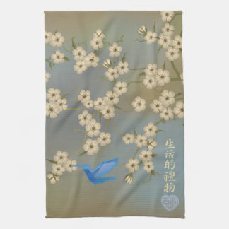 Asian Ivory blossom blue bird "Gift of life" Tea Towel