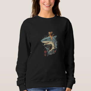 Asian Japan Samurai Cat Ridding A Shark Vintage Re Sweatshirt