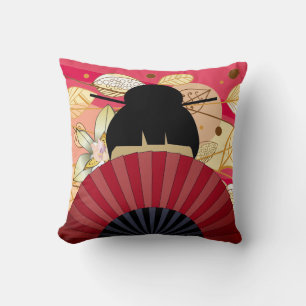 Asian Lady & Fan Autumn Fall Leaves Pillow