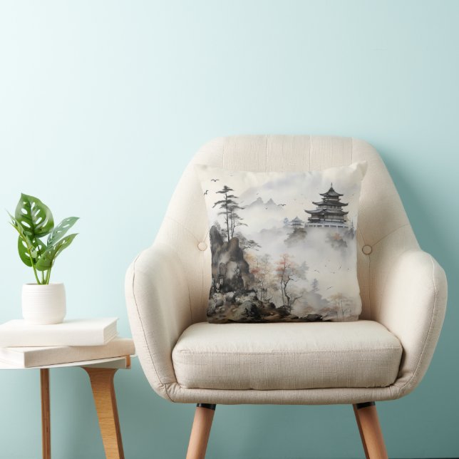 Asian Landscape Colour Ink Cushion (Chair)
