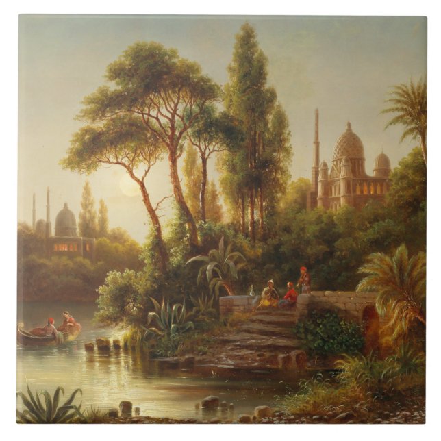 Asian Landscape in the Evening Light (Sunset Art) Ceramic Tile (Front)