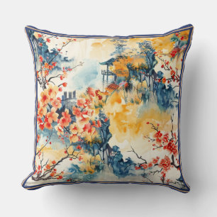 Asian Landscape with Pagoda Cushion