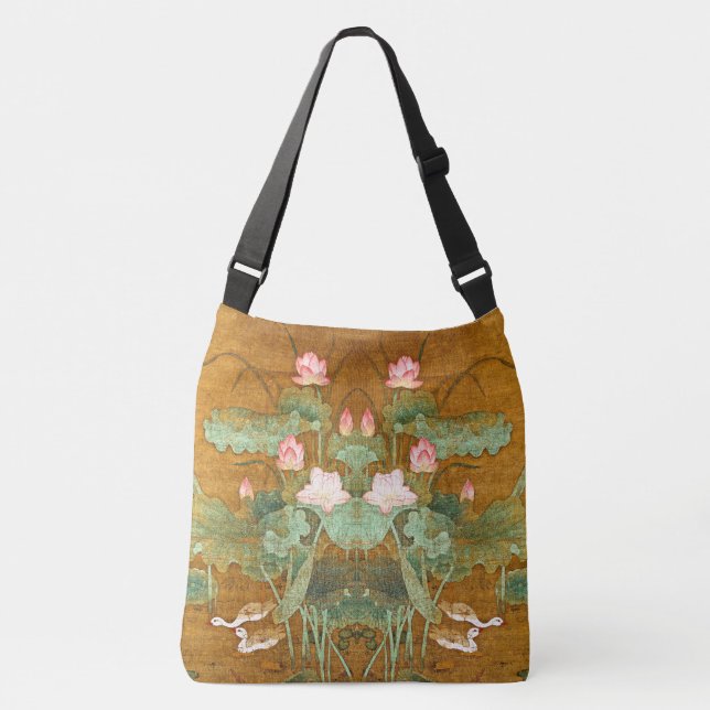 Asian Lotus Flowers Waterfowl Birds Pond Tote Bag (Front)