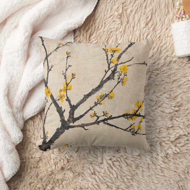 Asian Minimalist Yellow Blossom Branch Cushion (Blanket)