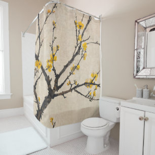 Asian Minimalist Yellow Blossom Branch Shower Curtain