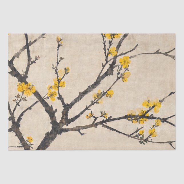 Asian Minimalist Yellow Blossom Branch Tissue Paper (Front)