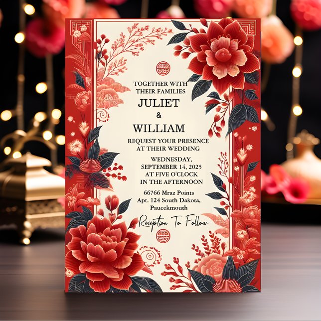 Asian Modern Floral Chinese Bilingual Wedding Invitation (Creator Uploaded)