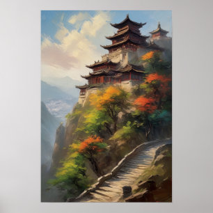 Asian Monastery Overlooking Colourful Valley Poster