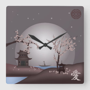 Asian moonlight landscape mountain blossom pink square wall clock