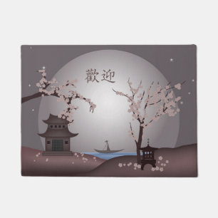 Asian moonlight pink blossom pagoda digital art doormat