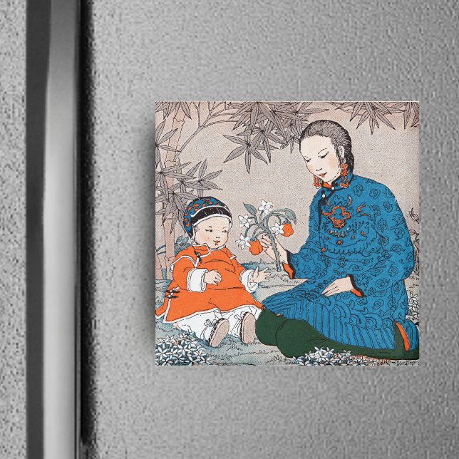 Asian Mother & Baby Magnet (Asian mother with baby sharing pretty orange and white flowers on square magnet.)