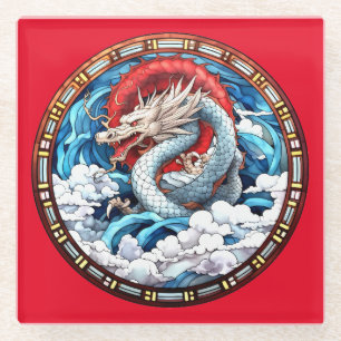 Asian Mythical Dragon in Red and Blue Glass Coaster