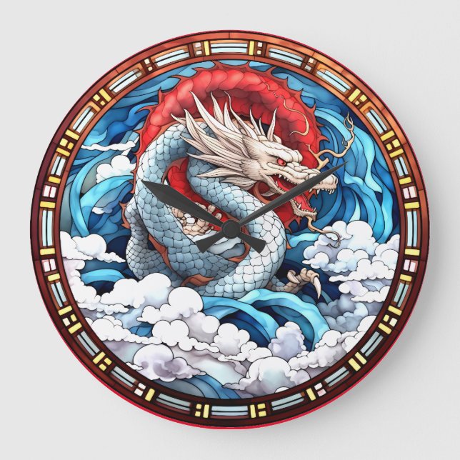 Asian Mythical Dragon in Red and Blue Large Clock (Front)