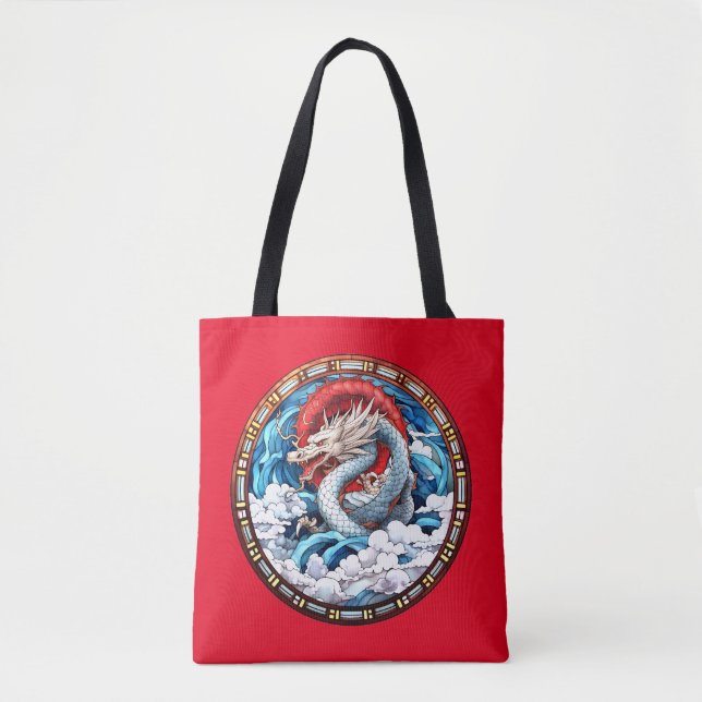 Asian Mythical Dragon in Red and Blue Tote Bag (Front)