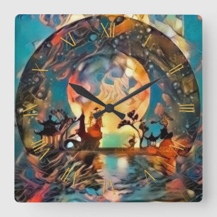 Asian night silhouettes in moon light square wall clock