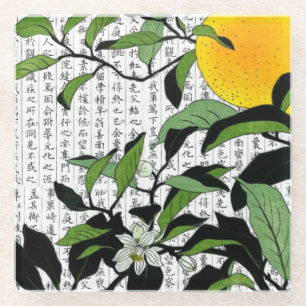 Asian Orange Blossoms on Kanji Background Glass Coaster