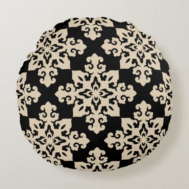 Asian Ornamental Motive Geometric Pattern Round Cushion (Front)