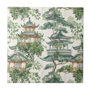 Asian Pagoda Lush Botanical Forest Ceramic Tile