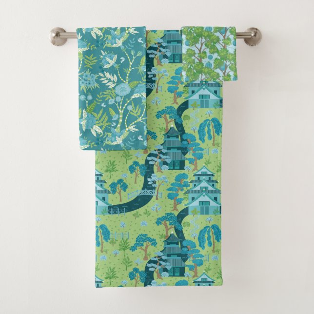 Asian Pattern Blue Green Bath Towel Set (Insitu)