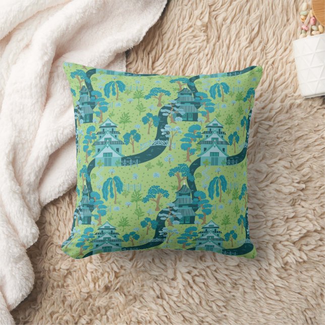 Asian Pattern Blue Green Cushion (Blanket)