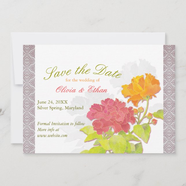 Asian Peony Damask Wedding Save the Date (Front)