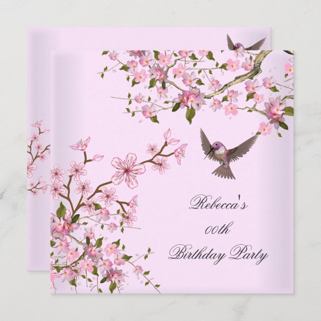 Asian Pink Blossom Birthday Party Flowers Bird Invitation (Front/Back)