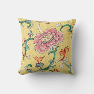 Asian Pink Peony Garden on Pastel Butter Yellow Cushion