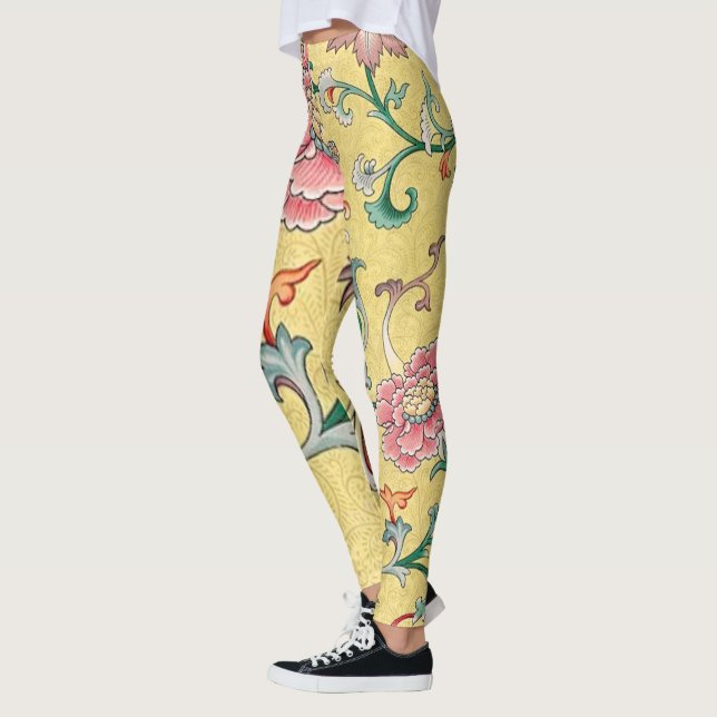 Asian Pink Peony Garden on Pastel Butter Yellow Leggings (Left)