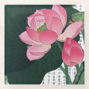 Asian Pink Water Lily on Kanji Background Glass Coaster