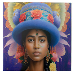 Asian princess with big blue hat ceramic tile