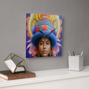 Asian princess with big blue hat square wall clock