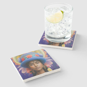 Asian princess with big blue hat stone coaster