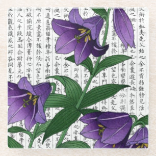 Asian Purple Harebells  on Kanji Background Glass Coaster