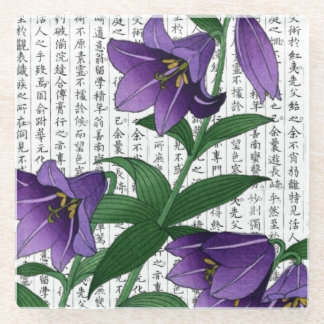 Asian Purple Harebells on Kanji Background Glass Coaster