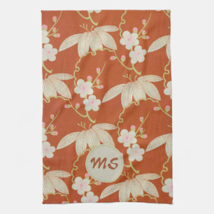 Asian Red and Cream Floral Monogram Kitchen Towel