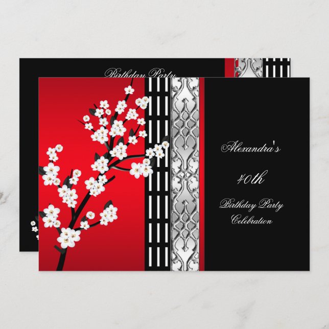 Asian Red Black Blossoms Birthday Party 2 Invitation (Front/Back)