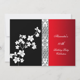 Asian Red Black Floral Silver White Birthday Party Invitation