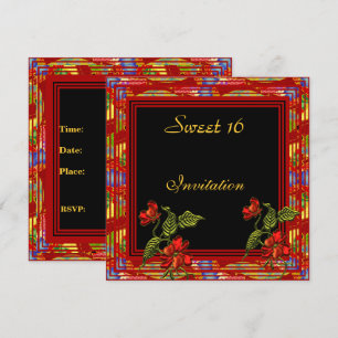 Asian Red Black Floral Sweet 16 Birthday Party Invitation