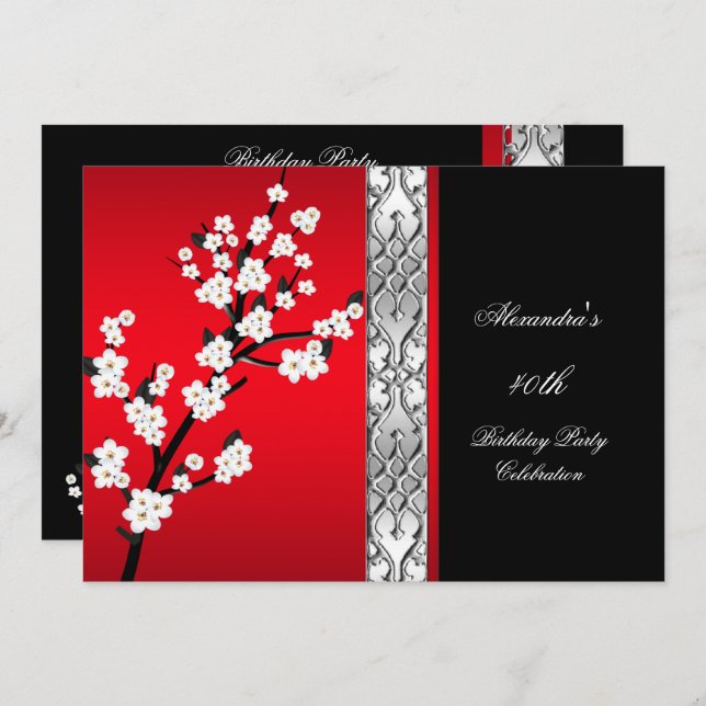 Asian Red Black Floral White Birthday Party Invitation (Front/Back)