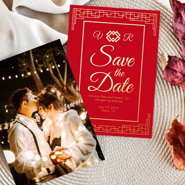 Asian Red Gold Foil Wedding Save the Date Photo (Creator Uploaded)