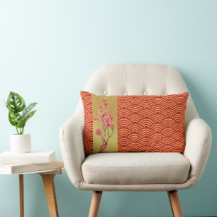 Asian Red Gold Waves with Cherry Blossoms Accent Lumbar Cushion