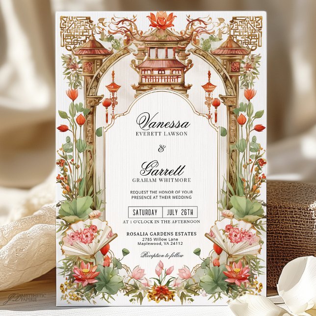 Asian Red Lotus and Fan Wedding Tea Ceremony  Invitation (Creator Uploaded)
