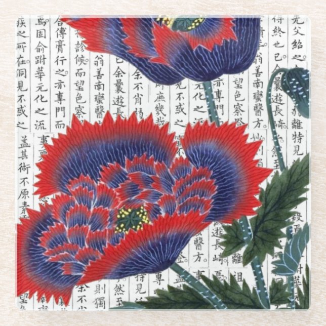 Asian Red Poppies on Kanji Background Glass Coaster (Front)