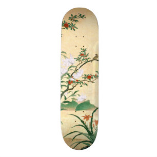 Asian Red Roses White Lilies Bird Skateboard