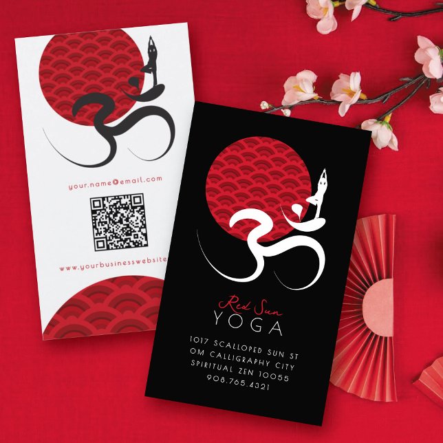Asian Red Sun Yoga & Modern Zen Calligraphy Om Aum Business Card (Red Sun Yoga Spiritual Indian Meditate Om Aum Calligraphy Logo Business Card @ fatfatin)