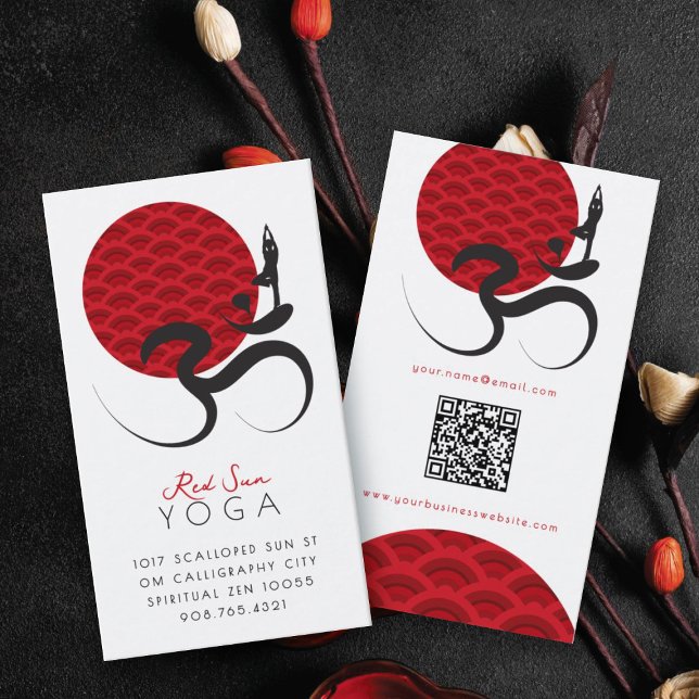 Asian Red Sun Yoga & Modern Zen Calligraphy Om Aum Business Card (Red Sun Yoga Spiritual Indian Meditate Modern Zen Calligraphy Om Aum Symbol Business Card @ fatfatin)