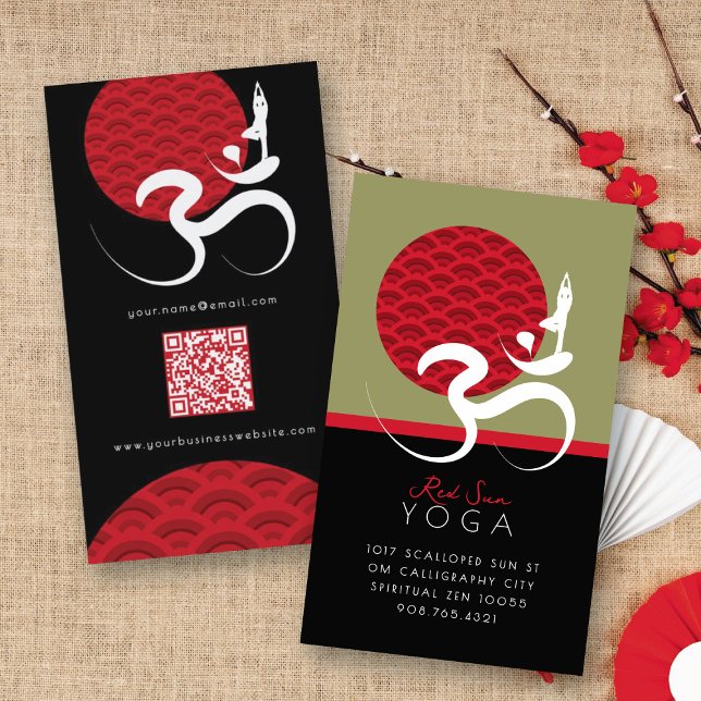 Asian Red Sun Yoga & Modern Zen Calligraphy Om Aum Business Card (Red Sun Yoga Spiritual Indian Meditate Modern Zen Calligraphy Om Aum Symbol Business Card @ fatfatin)
