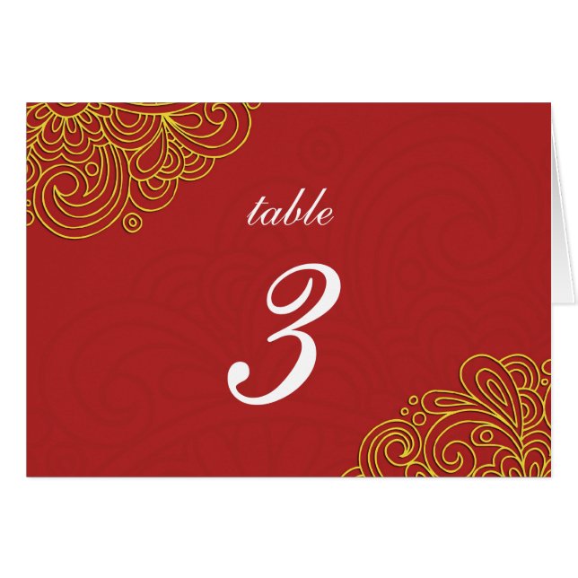 Asian Red Swirl Damask Wedding Table Number (Front Horizontal)