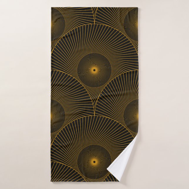 asian round feathers seamless pattern in gold blac bath towel (Bath Towel)